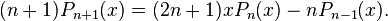 (n+1)P_{n+1}(x)=(2n+1)xP_n(x) - nP_{n-1}(x).\,