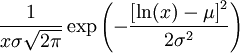 \frac{1}{x\sigma\sqrt{2\pi}}\exp\left(-\frac{\left[\ln(x)-\mu\right]^2}{2\sigma^2}\right)