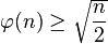  \varphi(n) \ge \sqrt{\frac {n} {2} } 