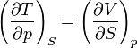 \left(\frac{\partial T}{\partial p}\right)_S = \left(\frac{\partial V}{\partial S}\right)_p ~