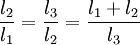 \frac{l_2}{l_1} = \frac{l_3}{l_2}=\frac{l_1+l_2}{l_3}