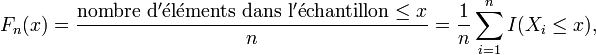 F_n(x) = \frac{ \mathrm{nombre~d'\acute el \acute ements~ dans~ l'\acute echantillon} \leq x}{n} =  \frac{1}{n} \sum_{i=1}^n I(X_i \le x),