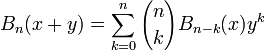 B_n(x+y)=\sum_{k=0}^n{n\choose k}B_{n-k}(x) y^k