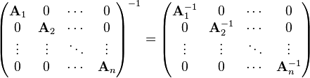 \begin{pmatrix} \mathbf{A}_{1} & 0 & \cdots & 0 \\ 0 & \mathbf{A}_{2} & \cdots &  0 \\ \vdots & \vdots & \ddots & \vdots \\ 0 & 0 & \cdots & \mathbf{A}_{n}  \end{pmatrix}^{-1} = \begin{pmatrix} \mathbf{A}_{1}^{-1} & 0 & \cdots & 0 \\  0 & \mathbf{A}_{2}^{-1} & \cdots &  0 \\ \vdots & \vdots & \ddots & \vdots \\ 0 & 0 & \cdots & \mathbf{A}_{n}^{-1}  \end{pmatrix} 