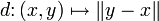 d \colon (x,y) \mapsto \|y-x\|