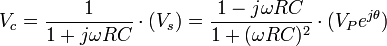  V_c = \frac{1}{1 + j \omega RC} \cdot (V_s) = \frac{1-j\omega R C}{1+(\omega R C)^2} \cdot (V_P e^{j\theta})\, 