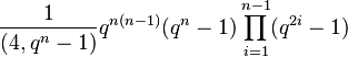  {1\over (4,q^n-1)} q^{n(n-1)} (q^n-1) \prod_{i=1}^{n-1}(q^{2i}-1) 