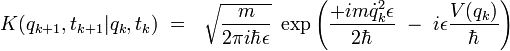 K(q_{k+1},t_{k+1}|q_{k},t_{k})  \ = \  \ \sqrt{\frac{m}{2 \pi i  \hbar \epsilon}} \ \exp \left( \frac{+ i m \dot{q}_k^2 \epsilon}{2 \hbar} \ - \ i \epsilon \frac{V(q_k)}{\hbar} \right) 