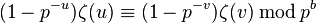 (1-p^{-u})\zeta(u) \equiv (1-p^{-v})\zeta(v)\, \bmod \,p^b\,