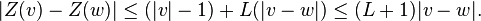 |Z(v)-Z(w)|\le (|v|-1)+L(|v-w|)\le (L+1)|v-w|.