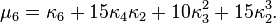\mu_6=\kappa_6+15\kappa_4\kappa_2+10\kappa_3^2+15\kappa_2^3.\,
