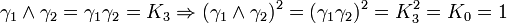  \gamma_1 \land \gamma_2 = \gamma_1 \gamma_2 = K_3 \Rightarrow (\gamma_1 \land \gamma_2)^2 = (\gamma_1 \gamma_2)^2 = K_3^2 = K_{0} = 1 