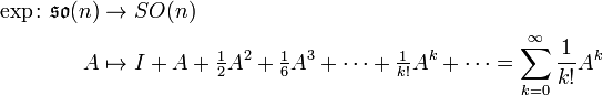 \begin{align}  \exp \colon \mathfrak{so}(n) &{}\to SO(n) \\  A &{}\mapsto I + A + \tfrac{1}{2} A^2 + \tfrac{1}{6} A^3 + \cdots + \tfrac{1}{k!} A^k + \cdots = \sum_{k=0}^{\infty} \frac{1}{k!} A^k \end{align}
