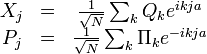 \begin{matrix} X_j   &=& {1\over\sqrt{N}} \sum_{k} Q_k e^{ikja} \\ P_j   &=& {1\over\sqrt{N}} \sum_{k} \Pi_k e^{-ikja} \\ \end{matrix}