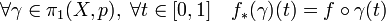 \forall \gamma \in \pi_1(X,p),\;\forall t \in [0,1] \quad f_*(\gamma)(t) = f\circ\gamma (t)