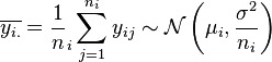 \overline{y_{i.}} = \frac 1 n_i \sum_{j=1}^{n_i} {y_{ij}} \sim \mathcal{N}\left( \mu_i, \frac {\sigma^2} {n_i} \right)