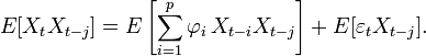 E[X_t X_{t-j}] = E\left[\sum_{i=1}^p \varphi_i\,X_{t-i} X_{t-j}\right]+ E[\varepsilon_t X_{t-j}].