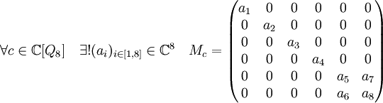 \forall c \in \mathbb C[Q_8] \quad \exists ! (a_i)_{i \in [1,8]} \in \mathbb C^8 \quad M_c = \begin{pmatrix} a_1 & 0 & 0 & 0 & 0 & 0 \\ 0 & a_2 & 0 & 0 & 0 & 0 \\  0 & 0 & a_3 & 0 & 0 & 0 \\ 0 & 0 & 0 & a_4 & 0 & 0 \\ 0 & 0 & 0 & 0 & a_5 & a_7 \\ 0 & 0 & 0 & 0 & a_6 & a_8  \end{pmatrix}