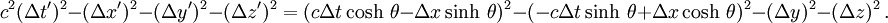 \,c^2(\Delta t')^2 -(\Delta x')^2-(\Delta y')^2-(\Delta z')^2 = (c\Delta t\cosh\,\theta - \Delta x\sinh\,\theta)^2 - ( -c\Delta t \sinh\,\theta + \Delta x\cosh\,\theta )^2 -(\Delta y)^2 - (\Delta z)^2 \,.