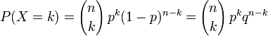 P(X = k) = {n \choose k} \, p^k (1-p)^{n-k} = {n \choose k} \, p^k q^{n-k}