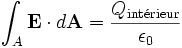 \int_A \mathbf{E} \cdot d\mathbf{A} = \frac{Q_\mathrm{int\acute erieur}}{\epsilon_0}