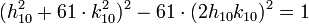 (h_{10}^2 + 61\cdot k_{10}^2)^2 - 61\cdot (2h_{10}k_{10})^2 = 1