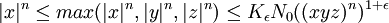 |x|^n\le max(|x|^n,|y|^n,|z|^n)\le K_\epsilon N_0((xyz)^n)^{1+\epsilon}