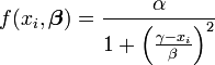 f(x_i, \boldsymbol \beta)=\frac{\alpha}{1+\left(\frac{\gamma-x_i}{\beta} \right)^2}