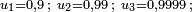 \scriptstyle u_1=0,9\,;\ u_2=0,99\,;\ u_3=0,9999\,;~