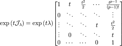 \exp{(t\mathcal{J_\lambda})} = \exp{(t\lambda)}\begin{bmatrix} 1 & t& \frac{t^2}{2} & \cdots & \frac{t^{p-1}}{(p-1)!} \\ 0 & \ddots&\ddots & \ddots & \vdots \\ \vdots & \ddots & \ddots &t& \frac{t^2}{2} \\ \vdots & 0&\ddots & \ddots & t \\ 0 & \cdots&\cdots & 0 & 1 \\ \end{bmatrix} 