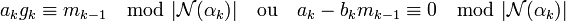 a_kg_k \equiv m_{k-1} \mod |\mathcal N(\alpha_k)| \quad \text{ou}\quad a_k - b_km_{k-1} \equiv 0 \mod |\mathcal N(\alpha_k)|