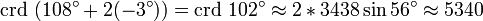  \mbox{crd}\ (108^{\circ} + 2 (-3^{\circ})) = \mbox{crd}\ 102^{\circ} \approx 2*3438 \sin 56^{\circ} \approx 5340
