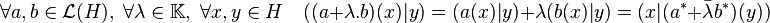 \forall a,b \in \mathcal L(H),\;\forall \lambda \in \mathbb K,\; \forall x,y\in H\quad ((a+\lambda.b)(x)|y)=(a(x)|y) + \lambda(b(x)|y)=(x|(a^* +\bar \lambda b^*)(y))