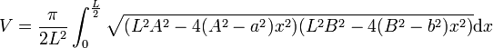 V=\frac{\pi}{2L^2} \int_0^\frac{L}{2}\sqrt{(L^2A^2-4(A^2-a^2)x^2)(L^2B^2-4(B^2-b^2)x^2)}\mathrm dx