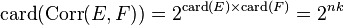 \ \mathrm{card}(\mathrm{Corr}(E, F))  = 2^{\mathrm{card}(E)\times \mathrm{card}(F)}  = 2^{nk} 