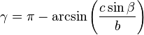 \gamma = \pi-\arcsin\left(\frac{c\sin\beta}b\right)