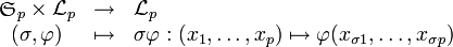 \begin{array}{ccl} \mathfrak{S}_p \times \mathcal{L}_p& \rightarrow & \mathcal{L}_p \\ (\sigma,\varphi) & \mapsto & \sigma\varphi : (x_1,\ldots,x_p) \mapsto \varphi(x_{\sigma 1},\ldots,x_{\sigma p})\end{array}