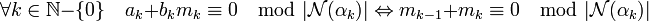 \forall k \in \mathbb N - \{0\} \quad a_k + b_km_k \equiv 0 \mod |\mathcal N(\alpha_k)| \Leftrightarrow m_{k-1} + m_k \equiv 0 \mod |\mathcal N(\alpha_k)|