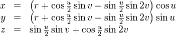 \begin{array}{rcl} x & = & \left(r + \cos\frac{u}{2}\sin v - \sin\frac{u}{2}\sin 2v\right) \cos u\\ y & = & \left(r + \cos\frac{u}{2}\sin v - \sin\frac{u}{2}\sin 2v\right) \sin u\\ z & = & \sin\frac{u}{2}\sin v + \cos\frac{u}{2}\sin 2v \end{array}