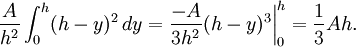\frac{A}{h^2} \int_0^h (h-y)^2 \, dy = \frac{-A}{3h^2} (h-y)^3 \bigg|_0^h = \frac{1}{3}Ah.
