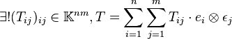 \exists! (T_{ij})_{ij} \in \mathbb{K}^{nm}, T = \sum_{i=1}^n \sum_{j=1}^m T_{ij} \cdot e_i \otimes \epsilon_j