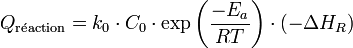 Q_\mathrm{r\acute eaction} = k_0 \cdot C_0 \cdot \exp\left(\frac{-E_a}{RT}\right) \cdot (-\Delta H_R) 