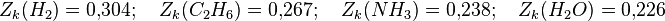  Z_k(H_2) = 0{,}304; \quad Z_k(C_2H_6) = 0{,}267; \quad Z_k(NH_3) = 0{,}238; \quad Z_k(H_2O) = 0{,}226