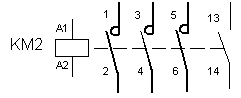 Symbole électrique d'un contacteur tripolaire : à gauche la bobine, au centre les contacts de puissance, à droite un contact auxiliaire.
