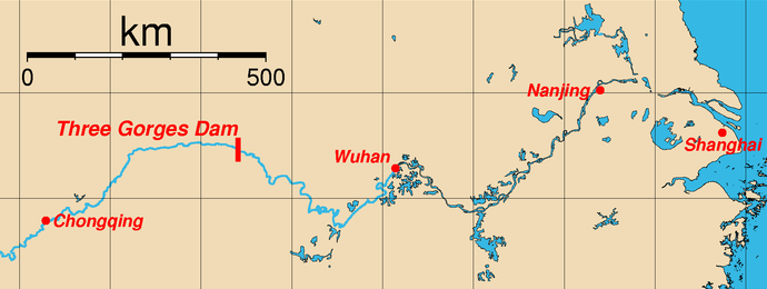 Map of the location of the Three Gorges Dam, Sandouping, Yichang, Hubei Province, China and major cities along the Yangtze River.