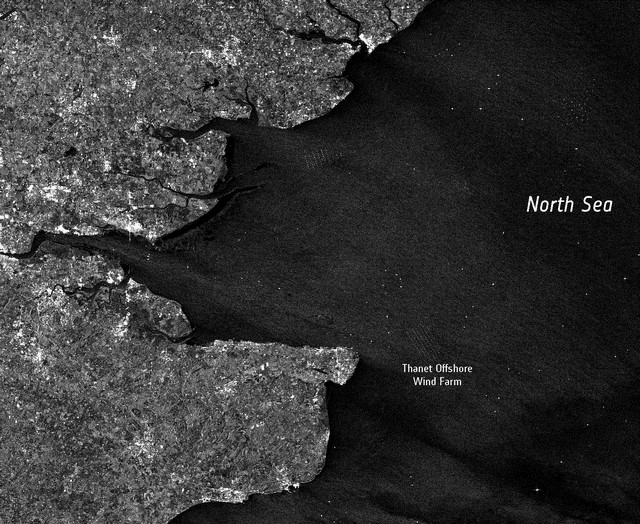 100 éoliennes en Mer du Nord vues de l'espace