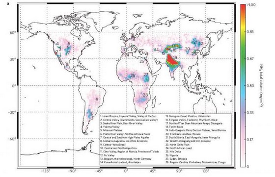 La première carte globale des sources d'ammoniac mesurées depuis l'espace