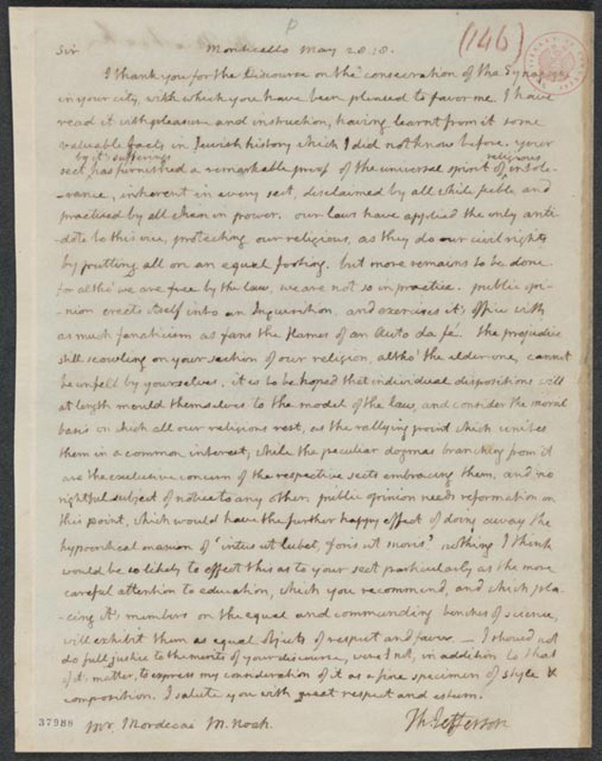 Lettre de Jefferson à Mordecai Noah, 1818