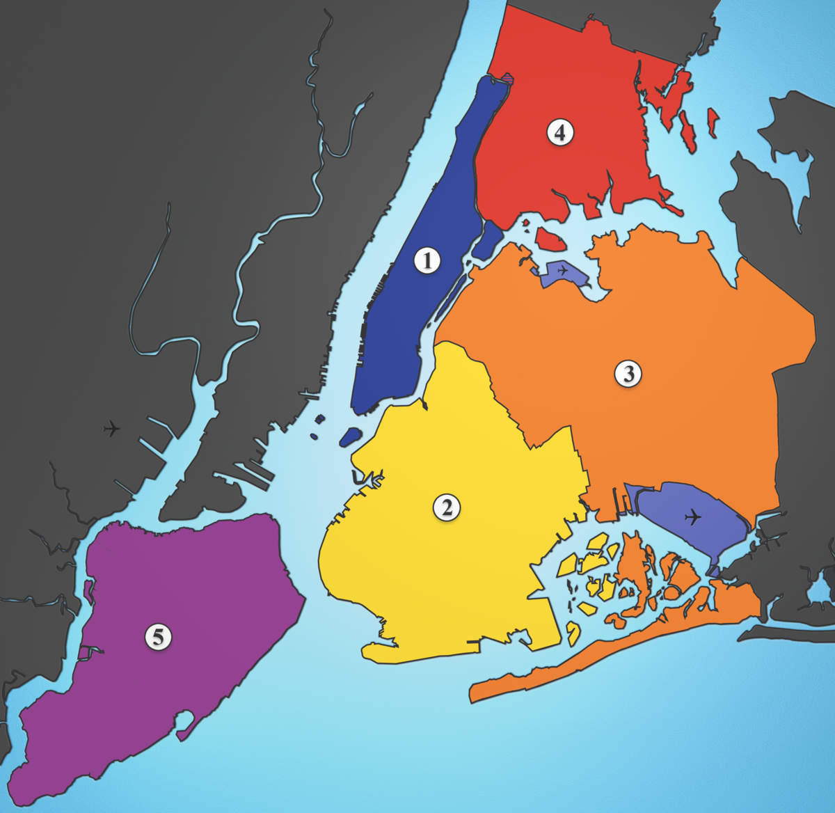 Les 5 districts de New York: ? (1) Manhattan, ? (2) Brooklyn, ? (3) Queens, ? (4) Bronx, ? (5) Staten Island