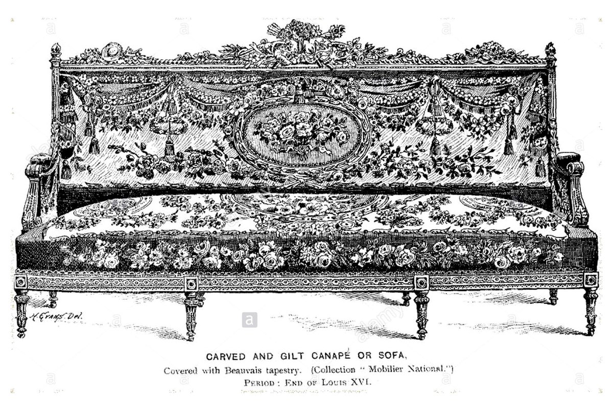 Canapé en suite de la fin de la période, recouvert d'une tapisserie de Beauvais.